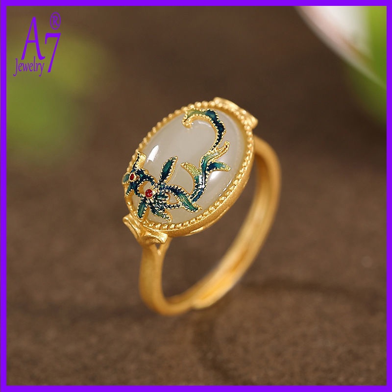 Nhẫn Hở Mạ Bạc S925 A7Jade Mạ Vàng 18K Hình Hoa Xinh Xắn