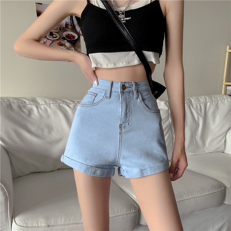 Quần Short Skinny Jean Lưng Cao Màu Sắc Trơn Siêu Co Dãn