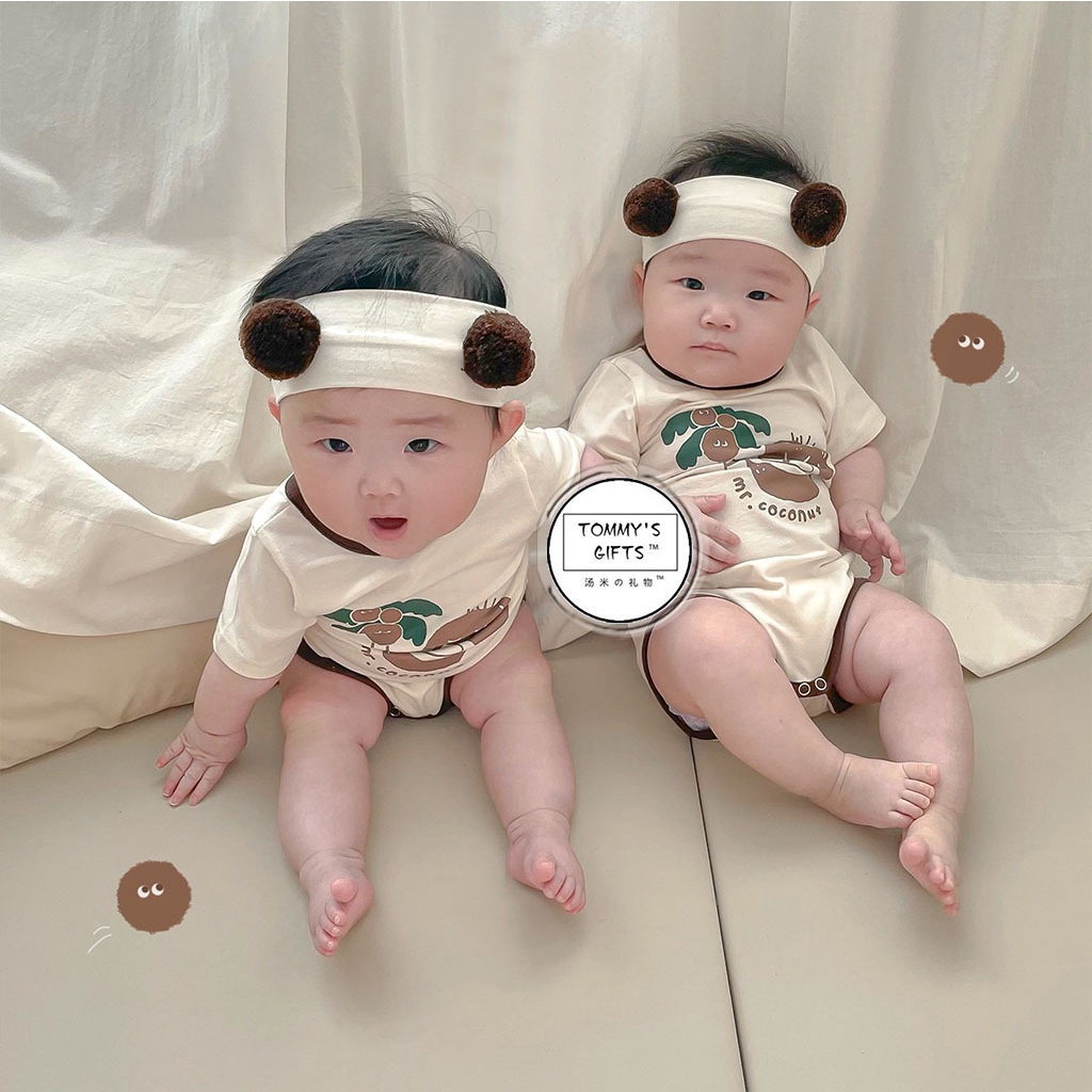 Jumpsuit Tay Ngắn In Hình Cây Dừa + Băng Đô Cài Tóc Cho Bé