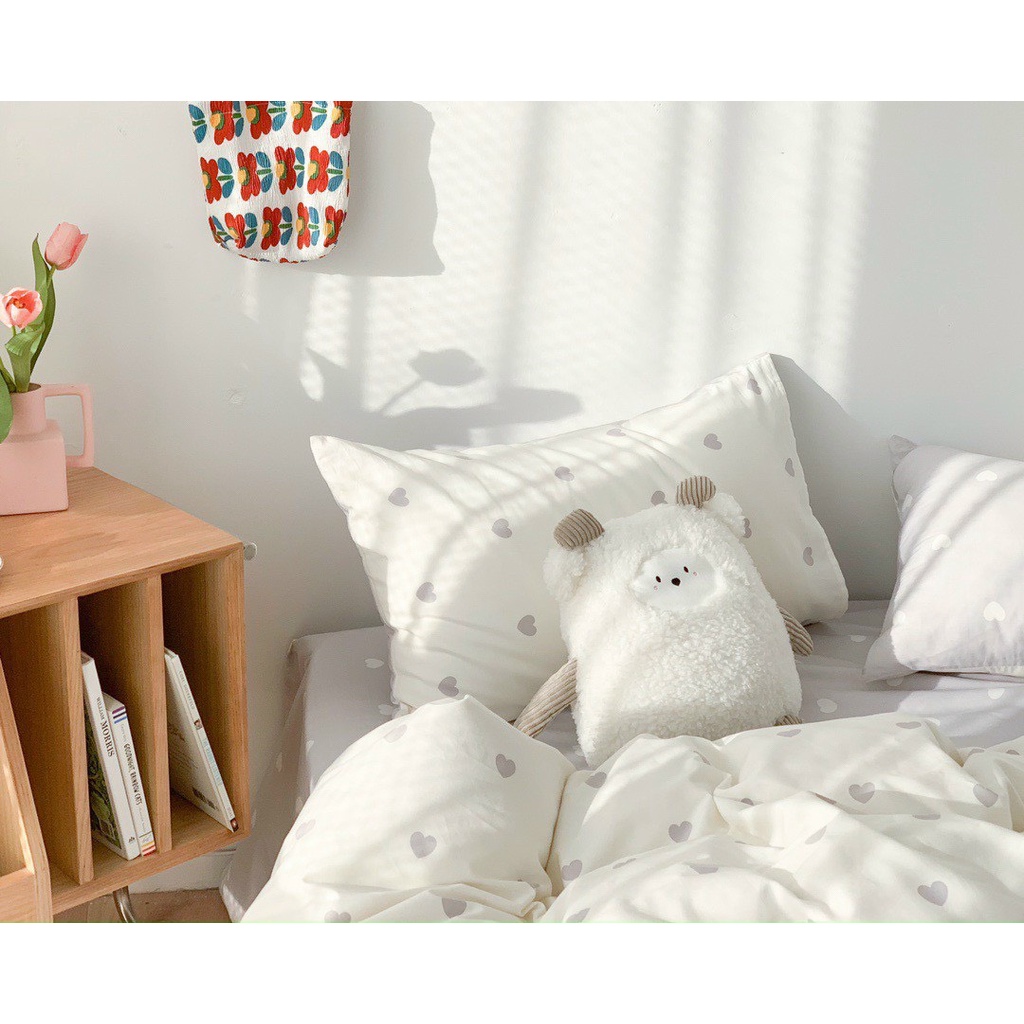 Bộ chăn ga gối cotton poly 2 mặt Lidaco decor phòng ngủ vintage - Tim xám trắng (SP001450)