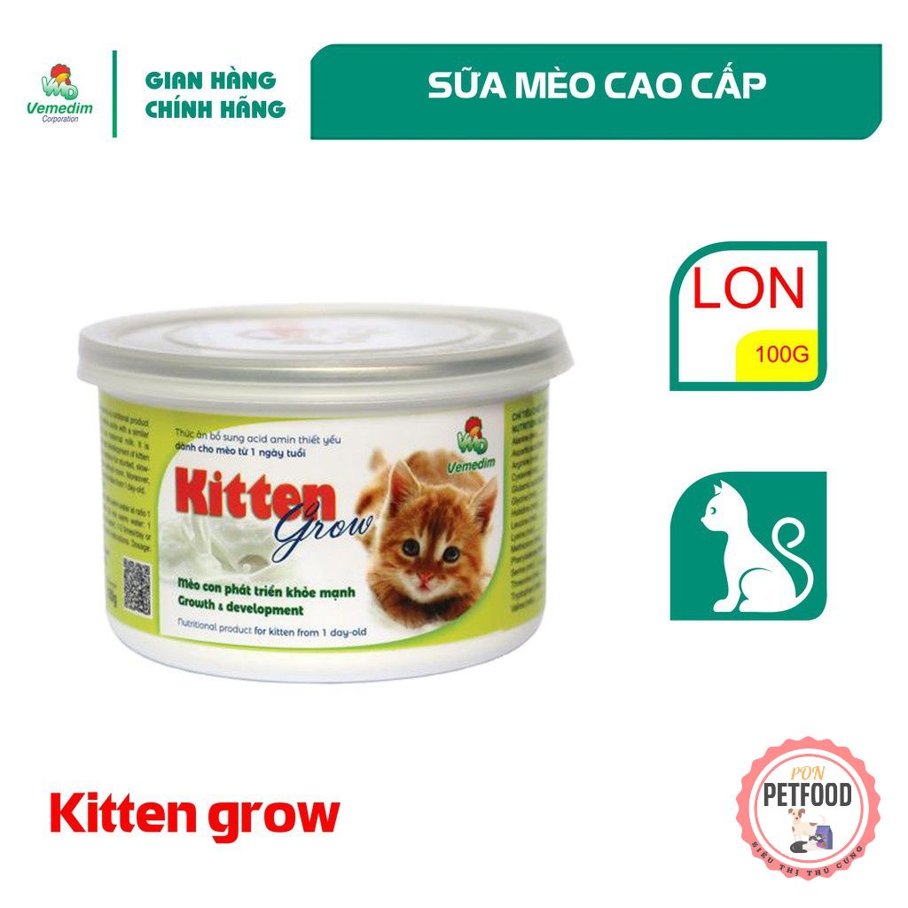 Vemedim Kitten Grow sữa cao cấp dành cho mèo con, bổ sung acid amin thiết yếu cho mèo con từ 1 ngày tuổi, lon 100g