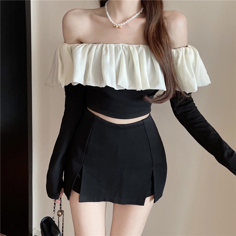 SET ÁO PHỐI BẸT VAI TRẮNG + CHÂN VÁY XẺ ĐÙI (TH)
