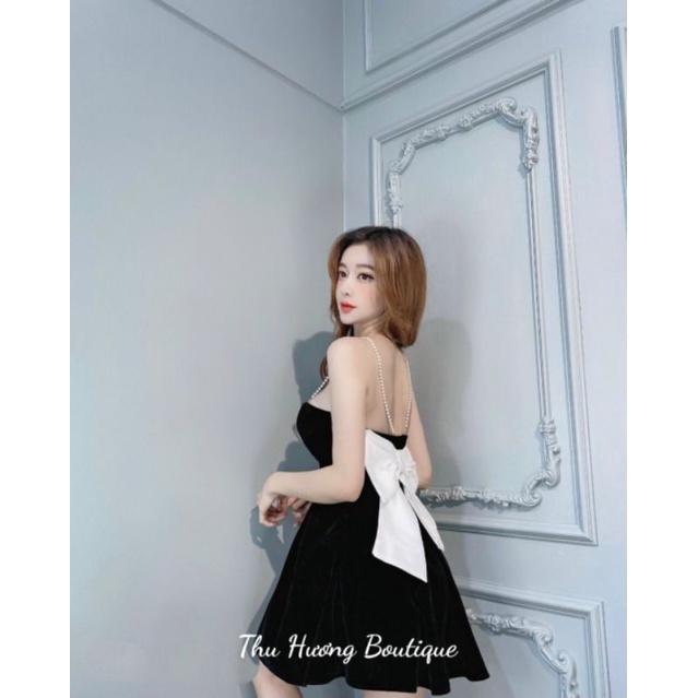 Váy Nhung xoè  cúp tim phối nơ trắng dây Ngọc