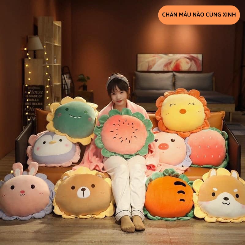 Bộ chăn gối 2 in 1 cho dân văn phòng hình hoa quả đường kính 50 cm chất liệu vải lông cừu mềm mịn Miibooshi
