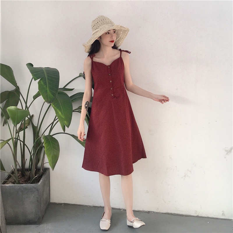 váy ulzzang váy nữ đẹp đầm kẻ đỏ váy dài đi biển kiểu dáng hàn quốc