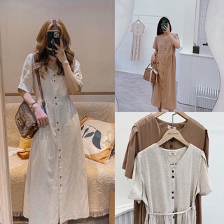Váy Babydoll Vintage Korea Vải Đũi Linen Mát Kèm Belt Mặc Suông Hoặc Thắt Eo Đều Xinh