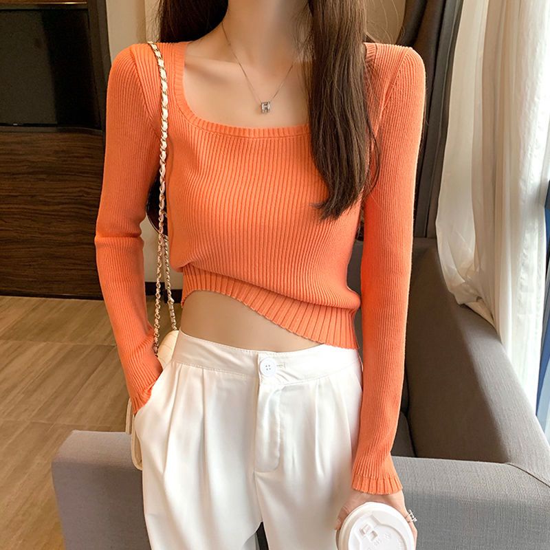 Áo Sweater Dệt Kim Cổ Vuông Dáng Ngắn Thời Trang Thu Đông Cho Nữ