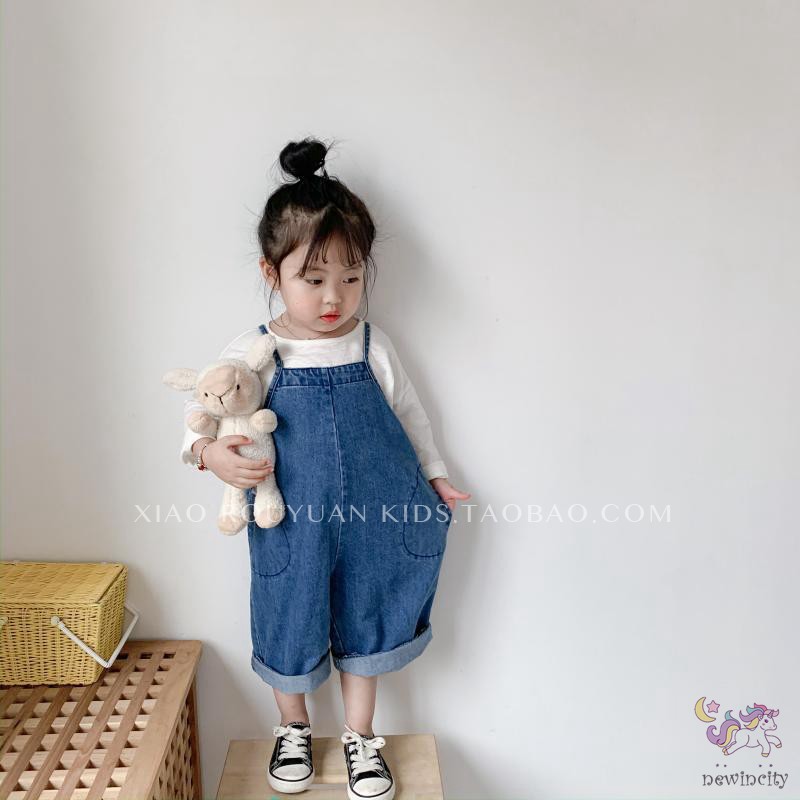 Áo Liền Quần Vải Denim Dáng Rộng Dễ Thương Phong Cách Hàn Quốc Cho Bé