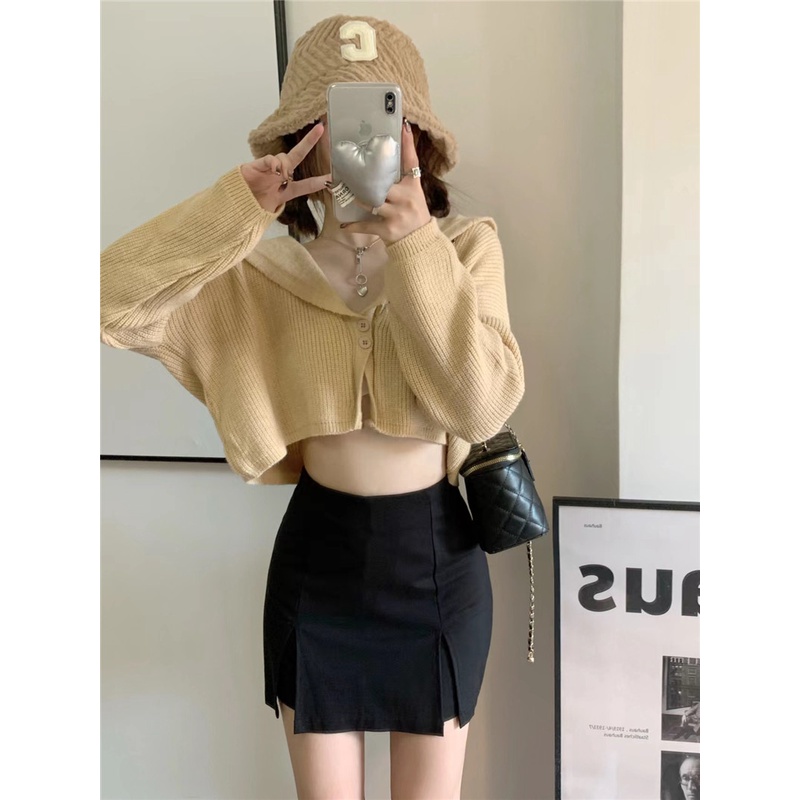 Porozi  Áo croptop  dệt kim tay dài kiểu Hàn Quốc xinh xắn cho nữ