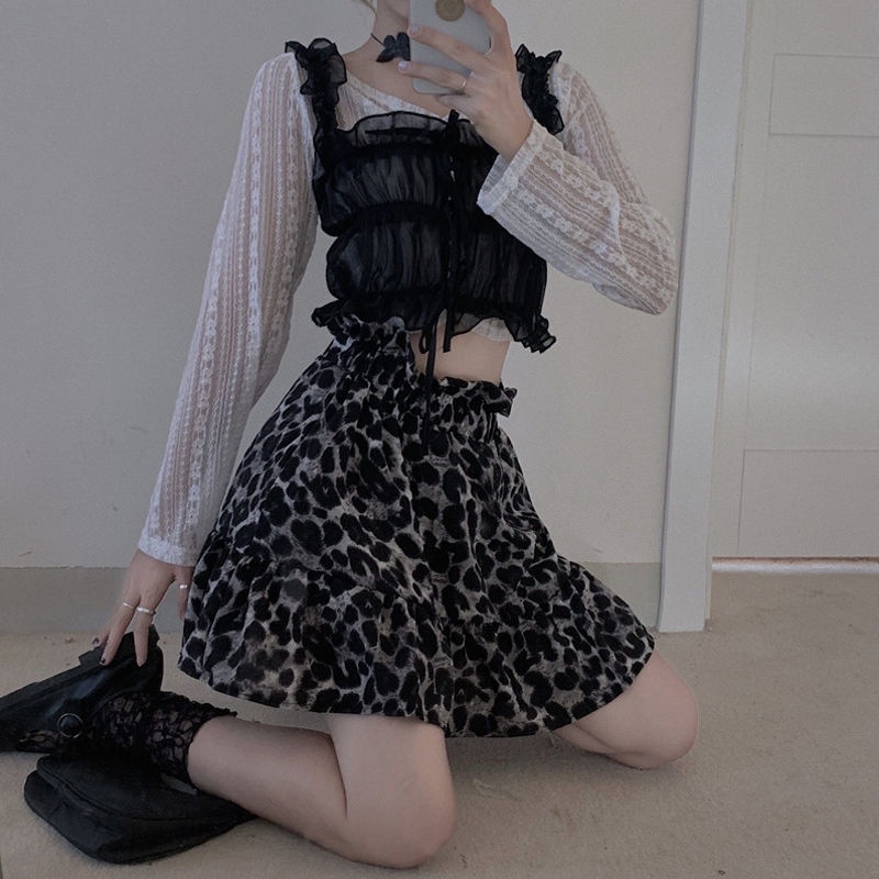 Jiashucheng Bộ Áo Ren Dài Tay + Chân Váy In Họa Tiết Da Báo Phong Cách Mới Cho Nữ