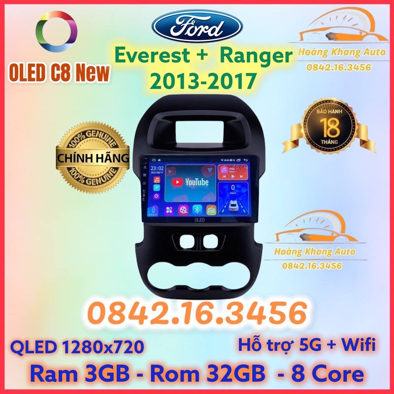 Màn hình android OLED C8 New theo xe Ranger + Everest 2013 - 2017  kèm dưỡng và jack nguồn zin theo xe