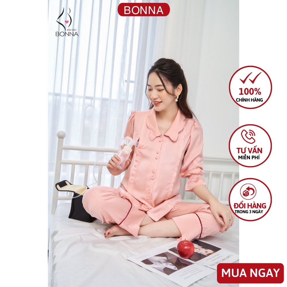 Đồ bầu mặc nhà BONNA dáng dài tay lỡ, có khóa mở cho bé ti, quần có chun cúc điều chỉnh, chất lụa satin cao cấp B028