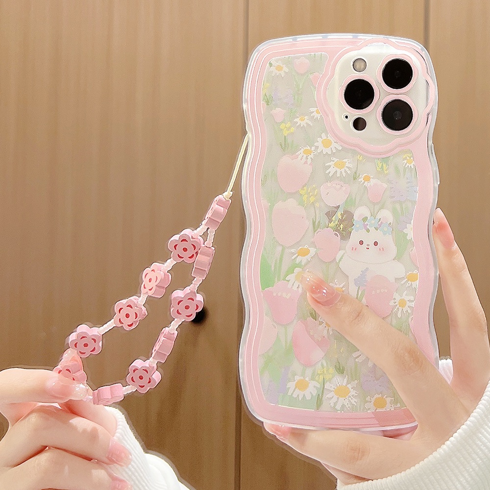 Ốp Điện Thoại Hình Hoa Tulip Và Thỏ Có Dây Đeo Cho IPhone 13promax 12 11 7Plus X XR XSMAX