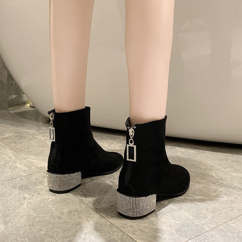 Rhinestone giày bốt ngắn gót dày 2020 mùa thu và đông mới màu đỏ lưới cộng với nhung mỏng phiên bản Hàn Quốc củ