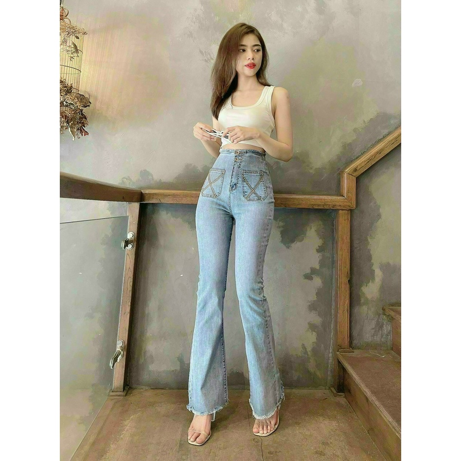 Quần jean lưng cao ống loe có túi chéo nhẹ form hàn R.I.U STORE