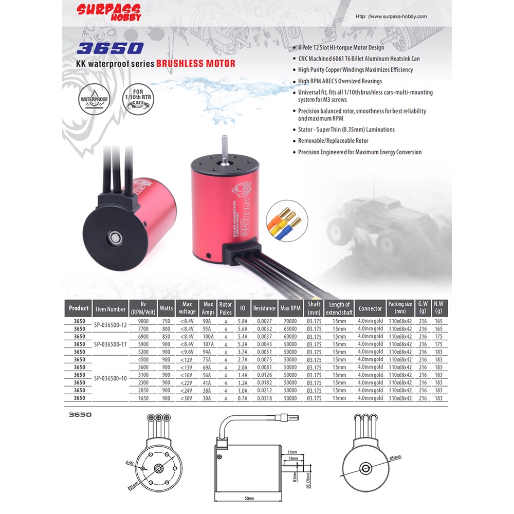 Động cơ không chổi than 3650 3.175mm cho mô hình xe RC 1:10 7700kv 5900kv 5200kv 4500kv 3600kv 3100kv