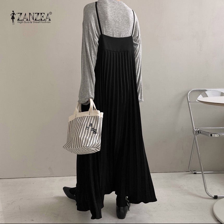 Đầm dài ZANZEA hai dây cổ chữ V kiểu xếp ly màu trơn nữ tính thanh lịch