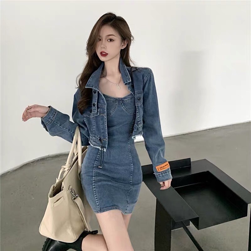 Set váy jeans kết hợp áo khoác jeans ulzzang croptop fashionita 2021