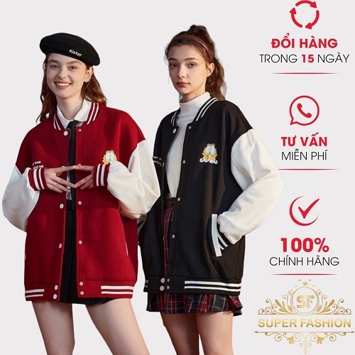 Áo Khoác Bomber Nữ Nút Cài SUPER FASHION Chất Nỉ Dày Mềm Mịn In Logo Sịn Form Rộng Trẻ Trung