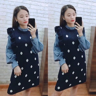 Sé yếm len kèm áo sơmi nhung