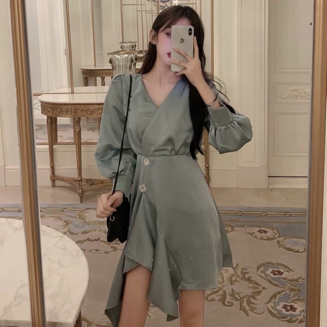(Order) VÁY LỤA VẠT CHÉO ĐÍNH NÚT (ảnh thật)