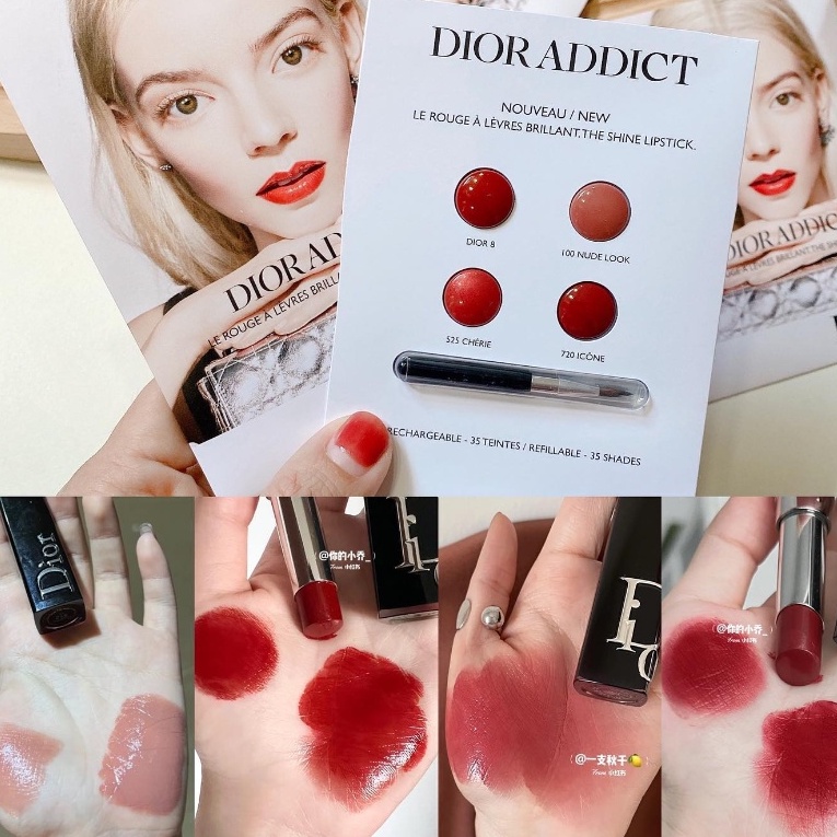 Vỉ Son Diior Addict Shine Lipstick Sample Card 4 Màu Diior 8 - 100 Nude Look - 525 Cherie - 720 Icone