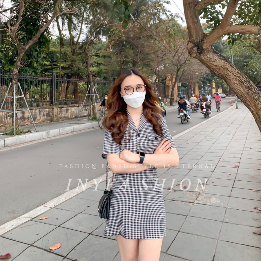 Set áo blazer ngắn tay dáng crop + chân váy cạp cao kẻ caro mùa hè ulzzang Hàn Quốc [INY]