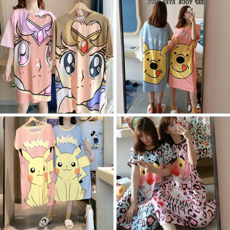 Đầm Ngủ Tay Ngắn In Họa Tiết Hoạt Hình Xinh Xắn Dành Cho Nữ