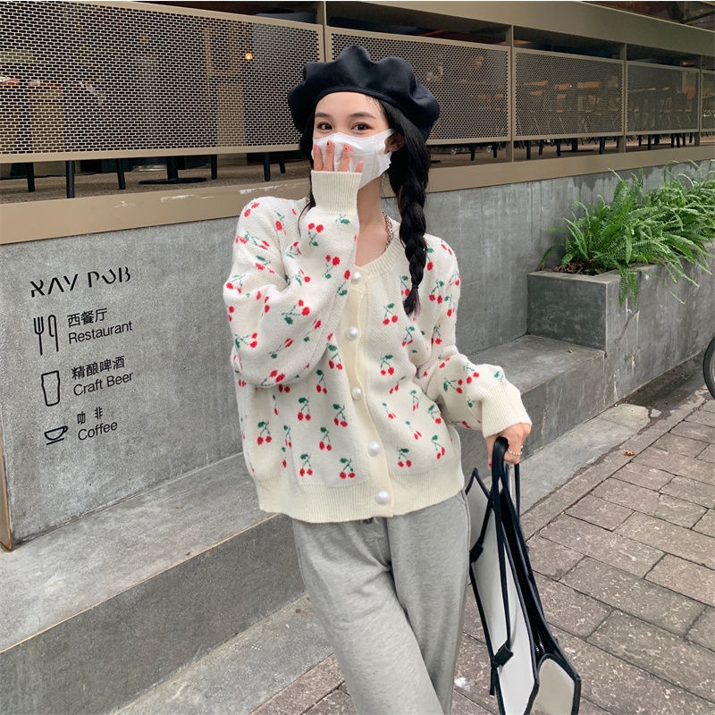 Áo Khoác cardigan Cổ Tròn Dáng Rộng In Hình Quả cherry Thời Trang Mùa Thu Theo Phong Cách Hàn