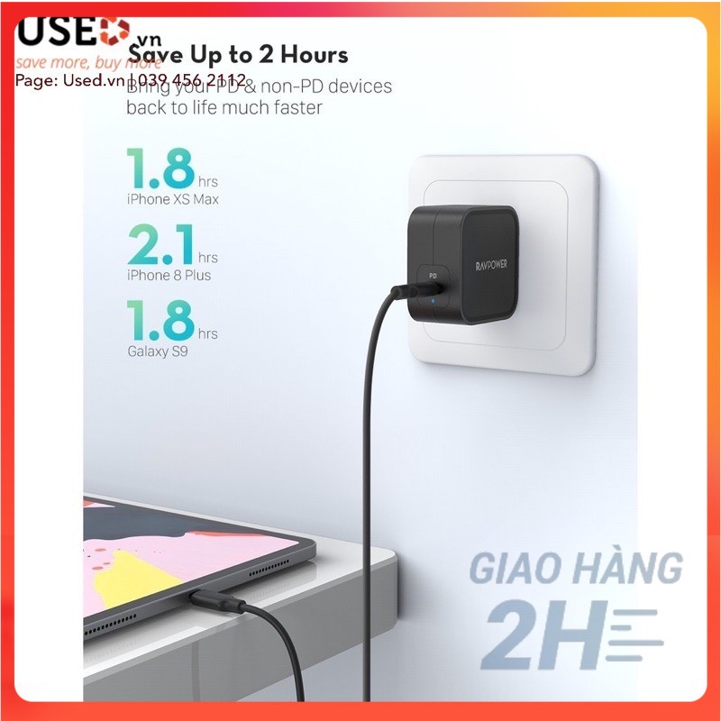 Củ Sạc RAVPower Type C PD 61W, Quick Charge 3.0, Công Nghệ GaN Siêu Nhỏ Gọn - RP-PC112 - HSHOP