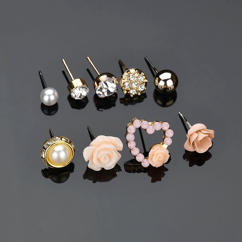 Set 9 đôi bông tai hoa hồng đính đá / ngọc trai giả thanh lịch