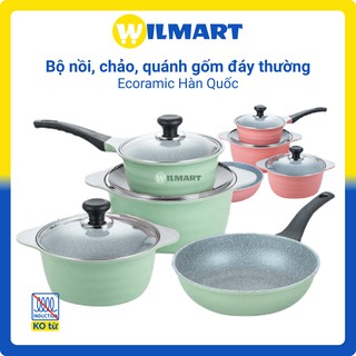 Bộ 4 nồi, quánh và chảo gốm chống dính đáy thường cao cấp Ecoramic Hàn Quốc (18-20-22-24 cm) - Xanh ngọc/ Hồng