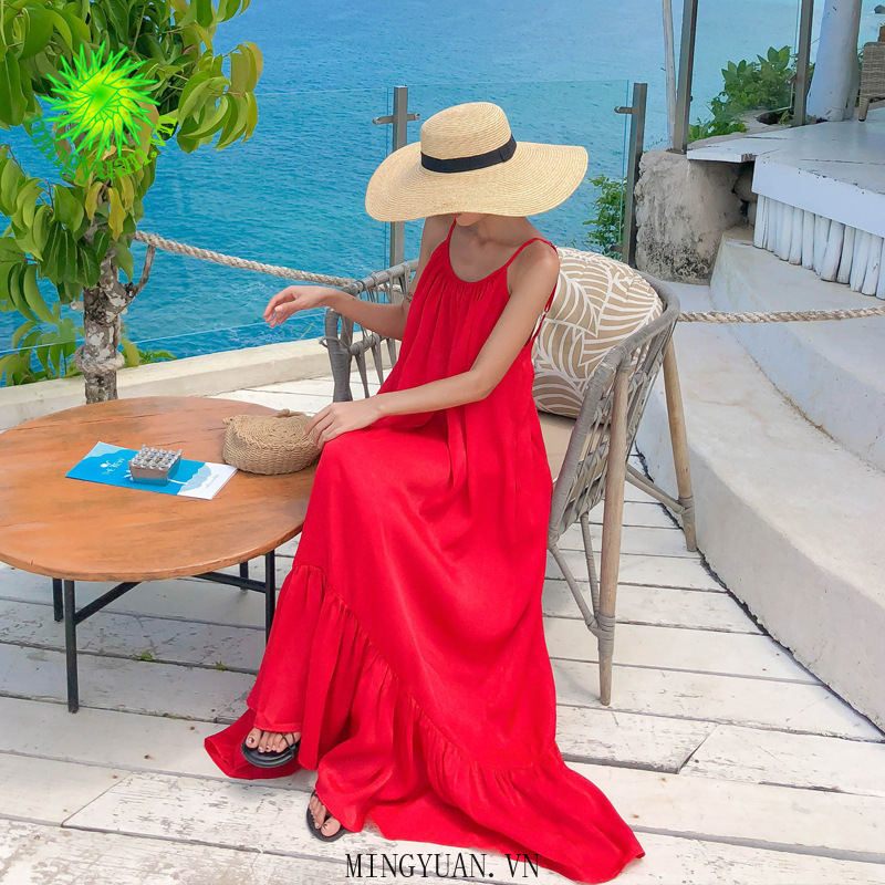 ( Mingyuan ) New beach dress red backless dress long skirt