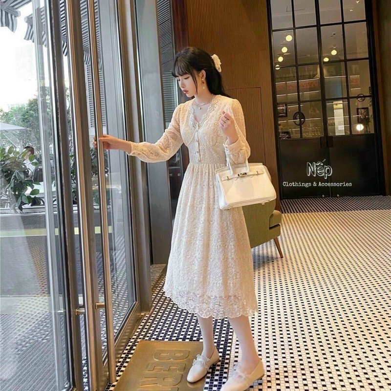 Đầm Ren Thiết Kế Hai Lớp Dáng Dài , Váy Ren Thiết Kế Cổ V Dài Tay Phong Cách Vintage | BigBuy360 - bigbuy360.vn