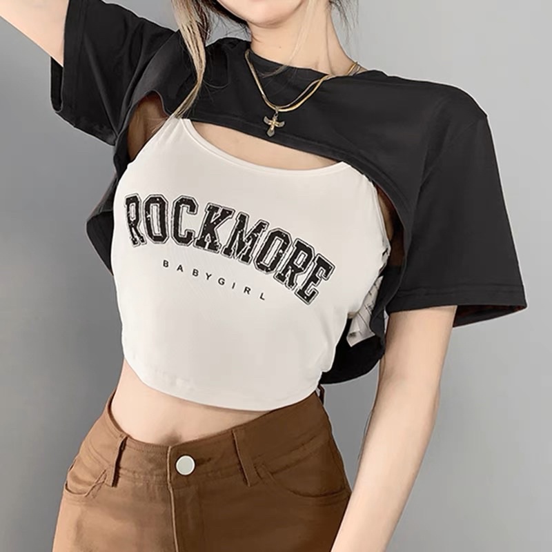sét áo croptop khoét ngực cá tính in chữ cực đẹp roc1 chất thun gân