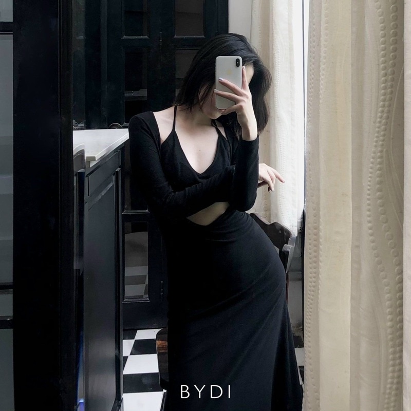 ĐẦM MAXI TAY DÀI HỞ TRƯỚC PHỐI ÁO BRA SEXY