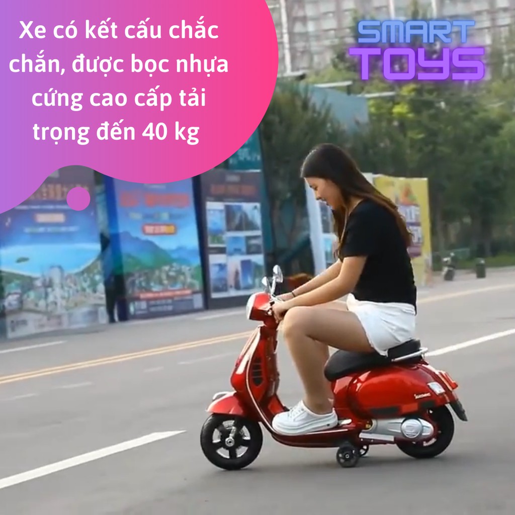 Xe máy điện Vespa trẻ em có đèn, máy nghe nhạc cổng USB