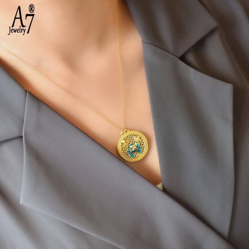 Vòng cổ Mạ Bạc 925 Mặt Hình Tròn Khắc Hoa Sen Phong Cách Trung Hoa Cổ Điển Màu Sắc Tùy Chọn