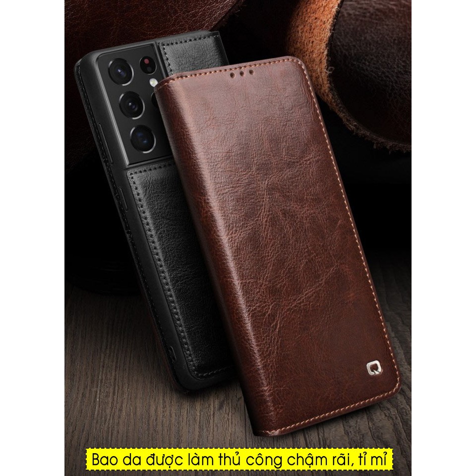 Bao da Samsung S21 Ultra 5G Qlino Wallet da bò thật - Hàng Chính Hãng.