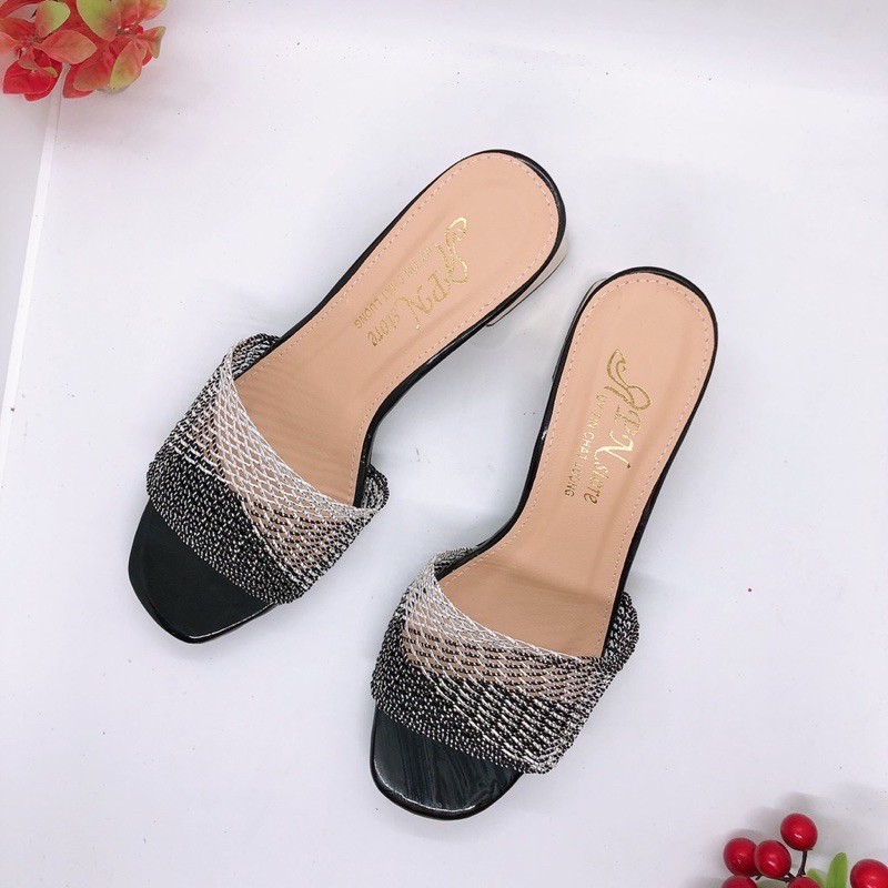 Guốc cao gót 5p màu đồng quai lưới đan