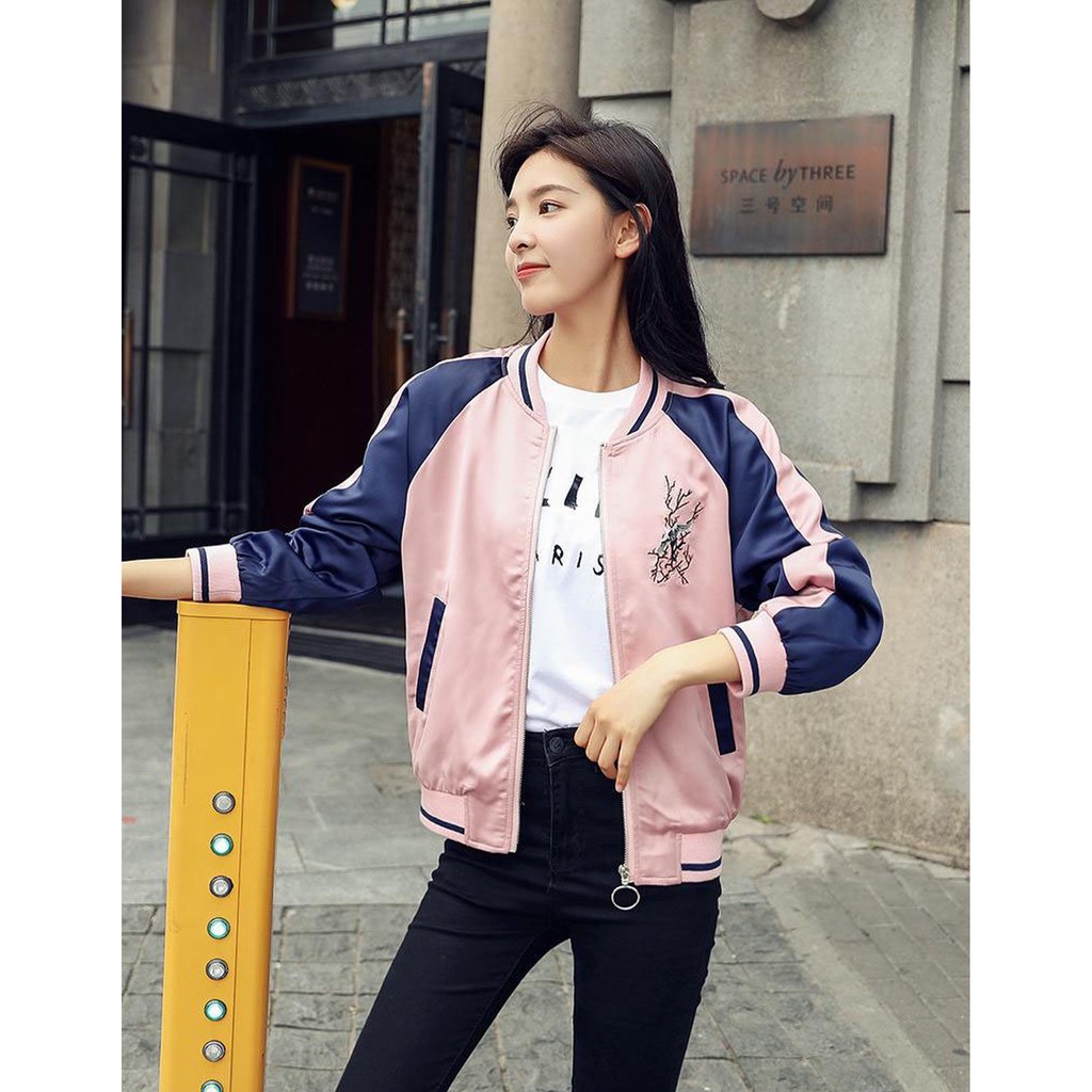 Áo Khoác Dù Bomber Dây Kéo KD14 Thêu Hoa Anh Đào, Form Hàn Quốc Unisex Cho Nam Nữ_Freesize Dưới 60kg