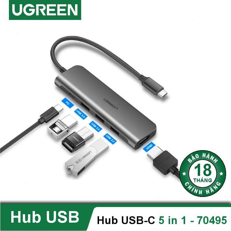 ☬▧Hub USB C 5 in1 Cao Cấp Ugreen 70495-Type to HDMI 4K@60Hz+USB 3.0 PD100W CHính Hãng CM136