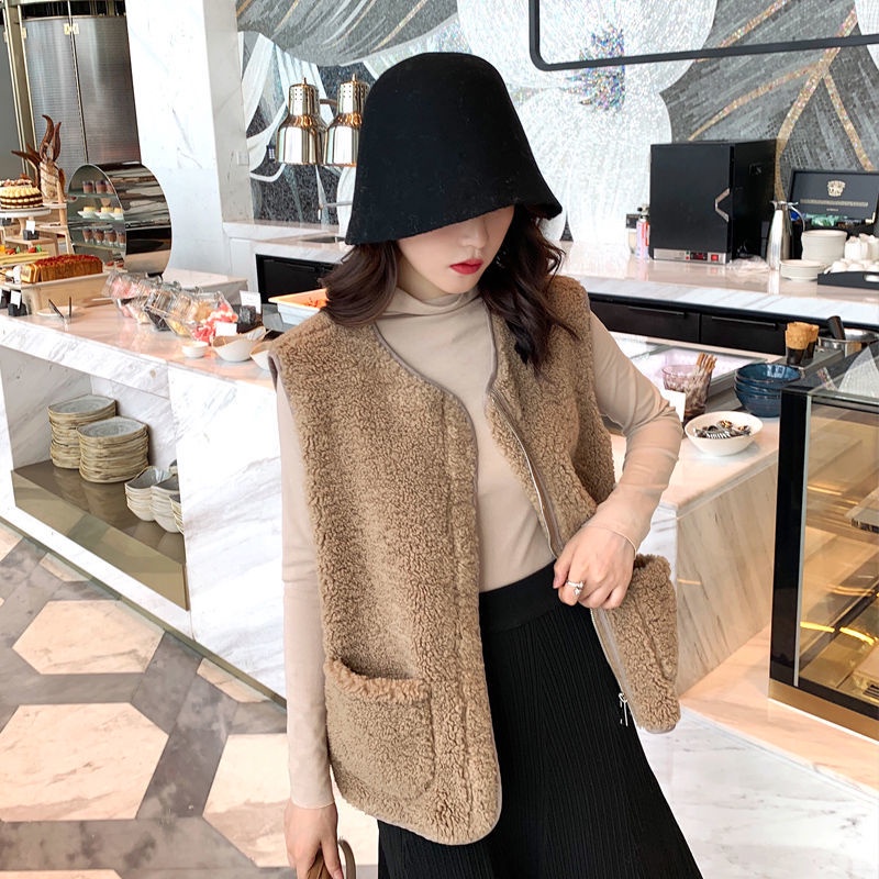 Áo khoác lông cừu không tay dáng rộng phong cách Hàn Quốc thời trang dành cho nữ
