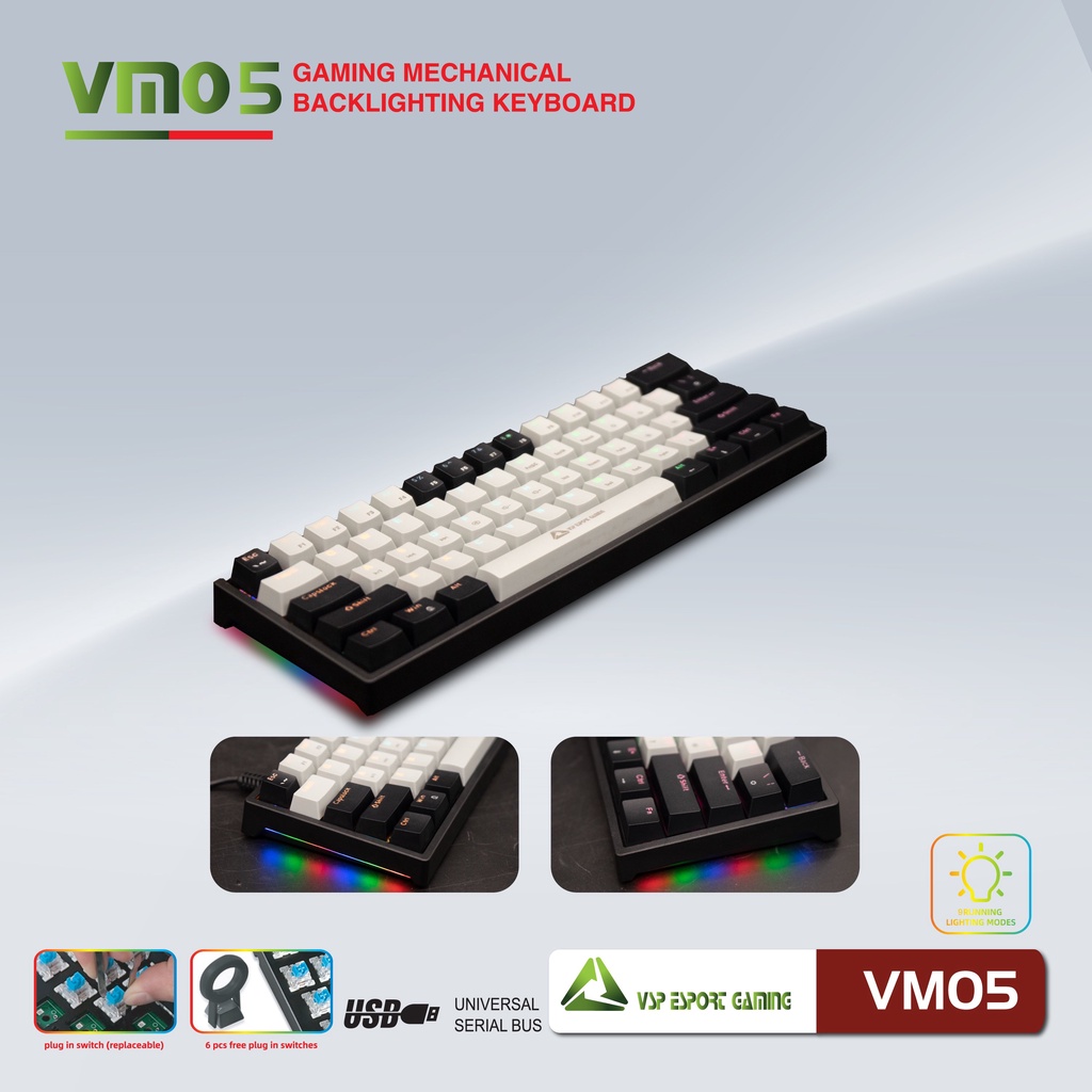 Bàn phím Cơ Gaming Mini VSP Esport VM05 - 9 chế độ Led, 61 Keys - Nhất Tín Computer