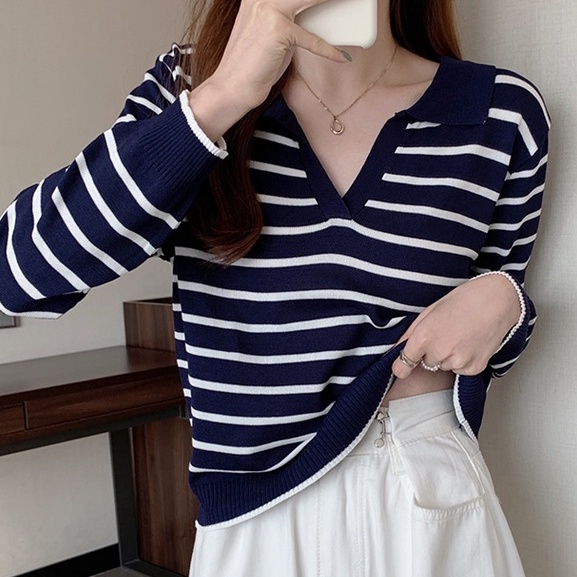 Áo sweater ZHELIHANGFEI cổ polo tay dài kẻ sọc dễ phối đồ hợp thời trang