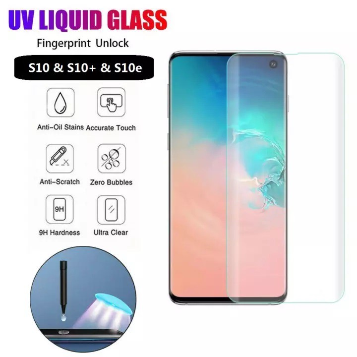 Kính Cường Lực Full Màn Hình Keo Nước UV Cho Samsung Galaxy S10, S10 Plus