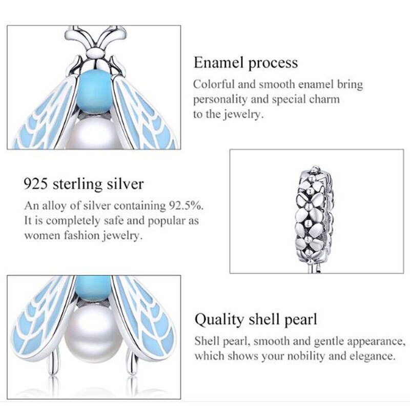 Hạt charm Bamoer SCC1479 làm từ bạc 925 hình con chuồn chuồn đính ngọc trai làm vòng tay DIY thời trang