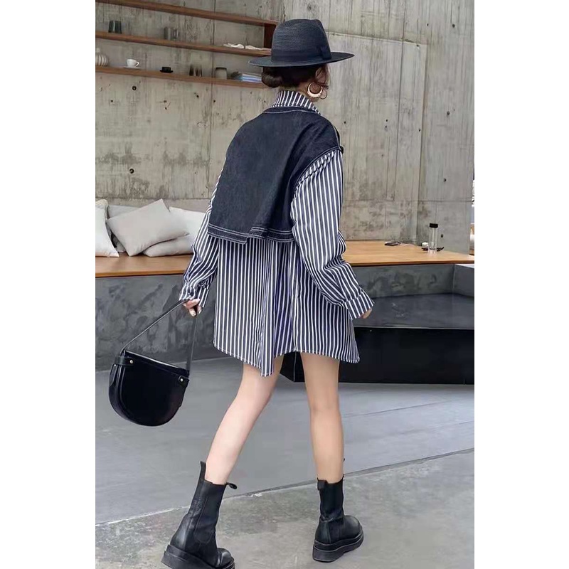 IELGY Áo sơ mi tay dài họa tiết kẻ sọc phong cách retro hong kong cho nữ