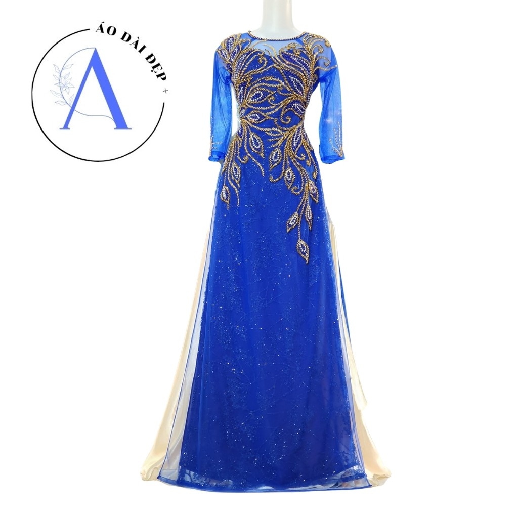 Áo Dài Mẹ - Áo Dài Cô Dâu Màu Xanh Coba  Nổi Bật ADC06