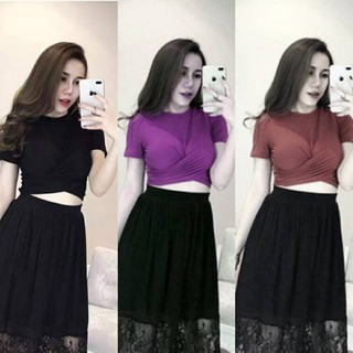Áo thun croptop xoắn eo thun lụa thái